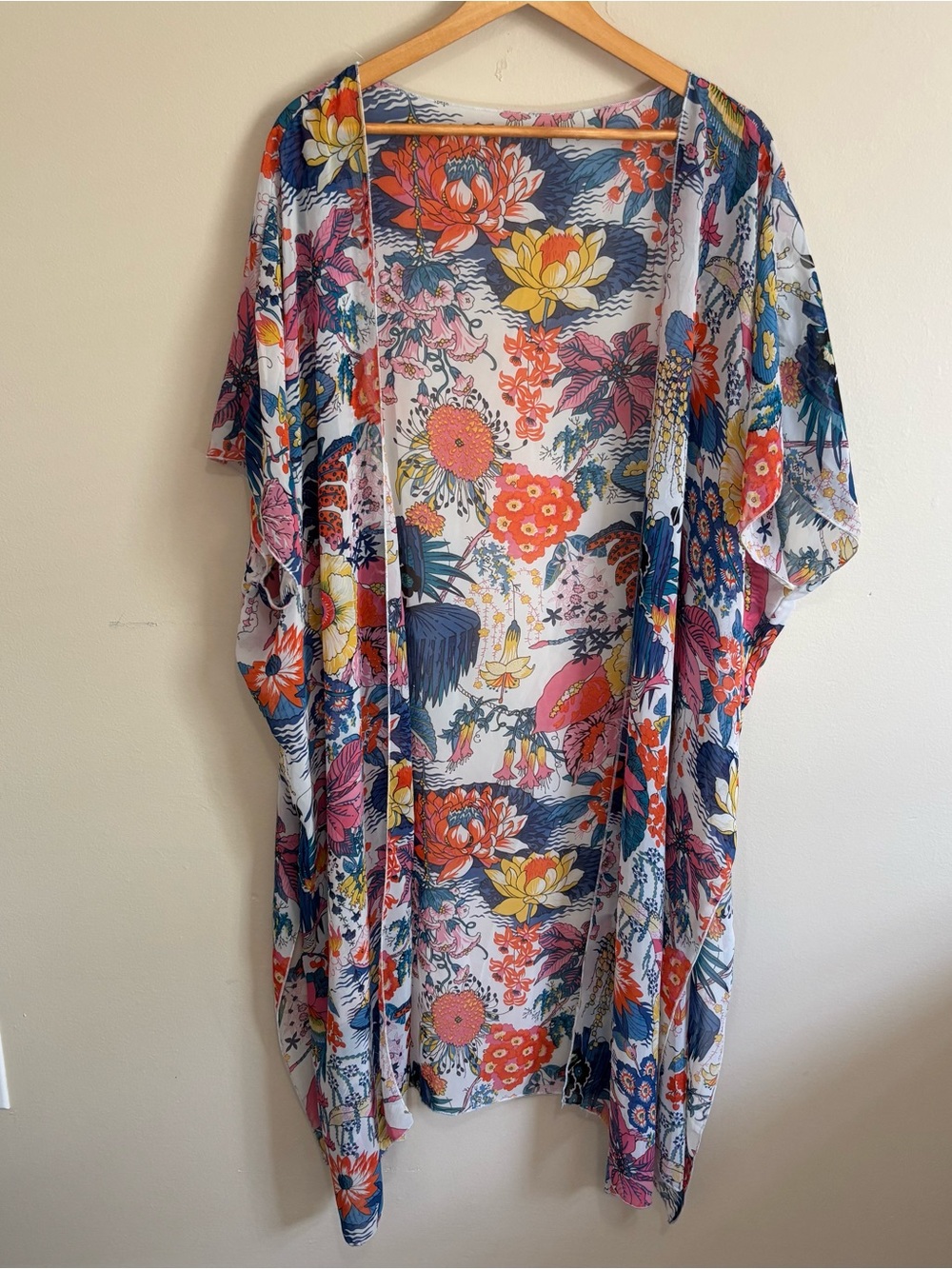 Hibluco Sheer Floral Kimono Cardigan Colorful Boho Cover Up L